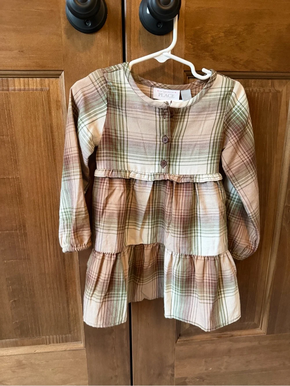 The Children's Place Girls Green Plaid Flannel Tiered Ruffle Shirt Dress, Sz 2T